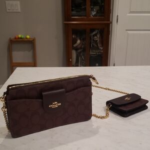 Coach Dark Brown/Burgundy Leather Crossbody Bag with Coin Purse And Gold Chain